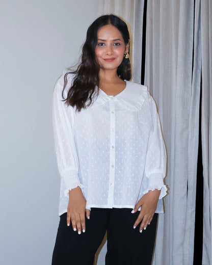 Dawn White Collared Textured Cotton Shirt
