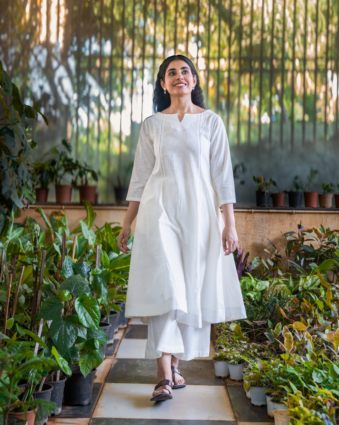 Saphed White Cotton A-line kurta