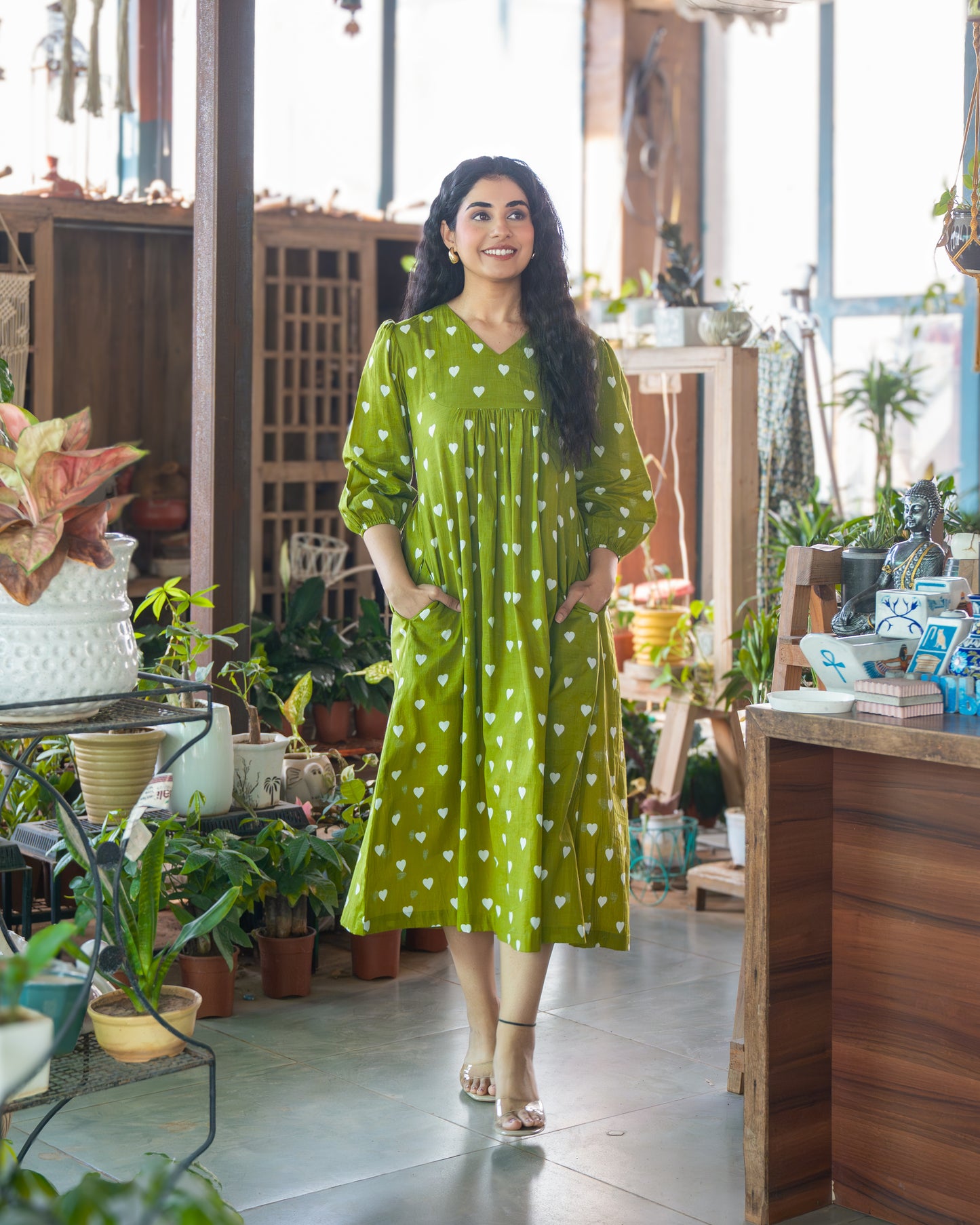 May Green Gathered Cotton Midi Dress