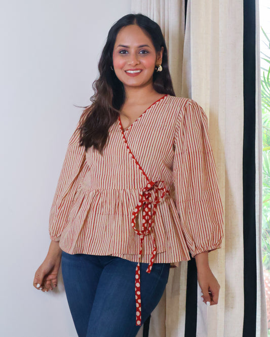Sarah Striped HandBlock Print Wrap-style Cotton Top