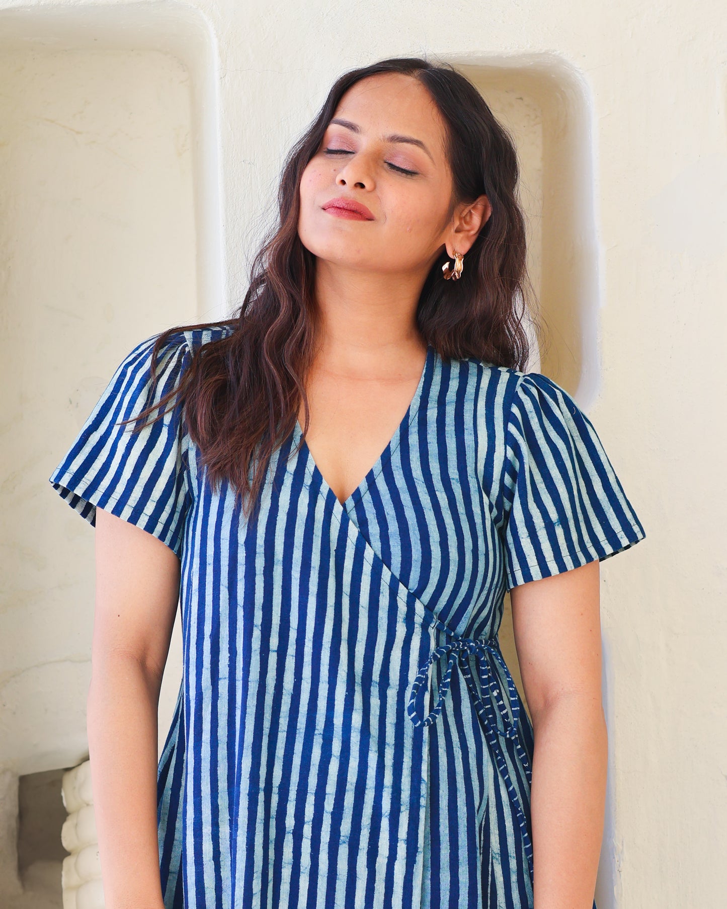 June Indigo HandBlock Dabu Stripes Print Cotton Wrap Dress