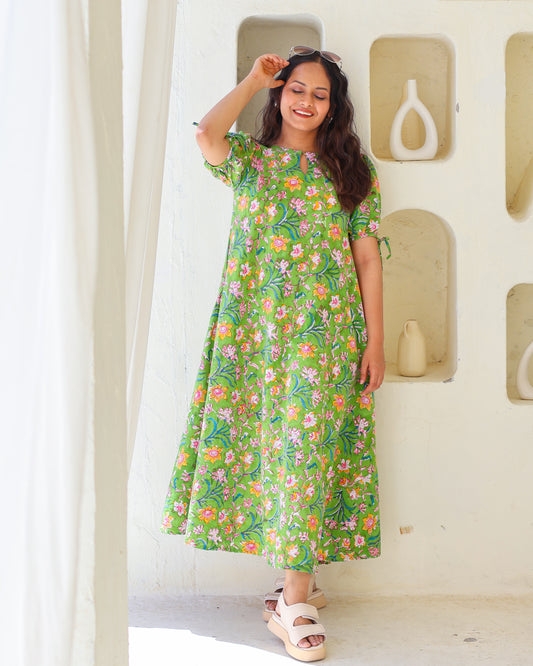 Emily Green Floral HandBlock Print Circular Cut Maxi Dress