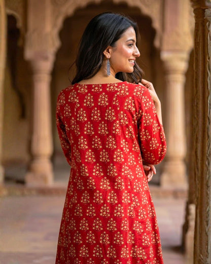 Naina Red HandBlock Printed kurta