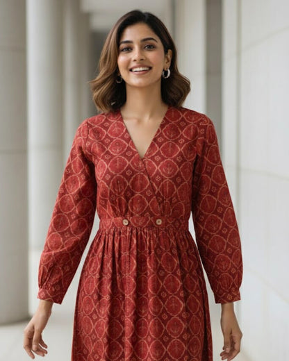 Hailey Red Fit and Flare Cotton Wrap Dress