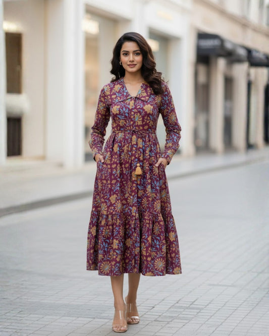 Nyra Purple Cotton Midi Dress