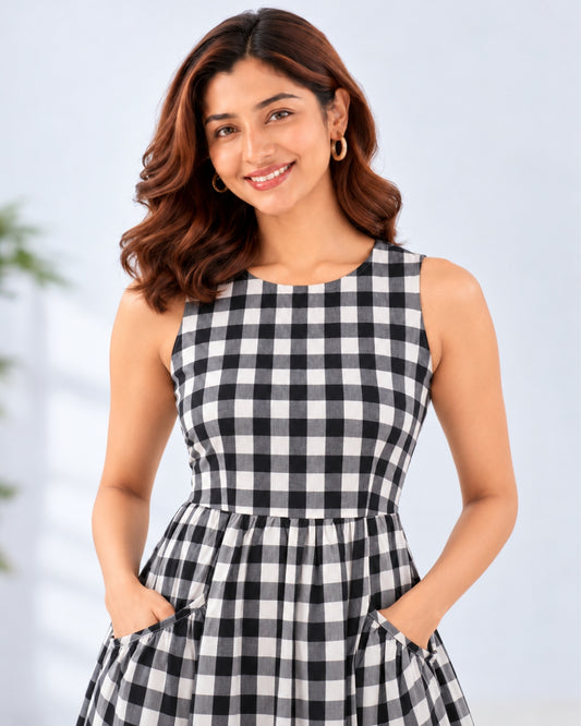 Arya Checkered Black Cotton Midi Dress