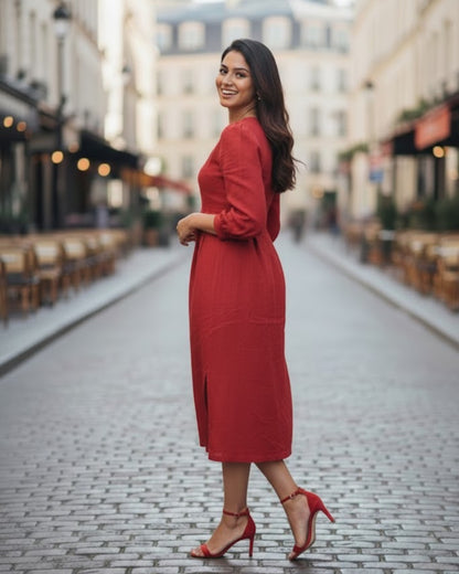 Emma Red Cotton Midi Dress
