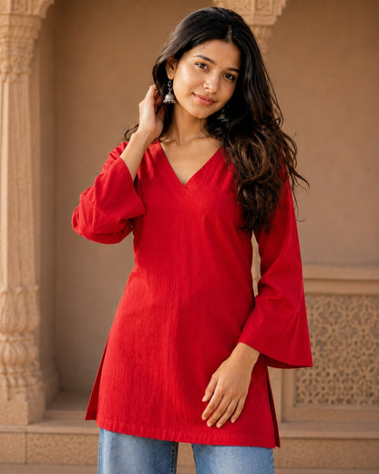 Emma Red Cotton Sleeved Short Kurti