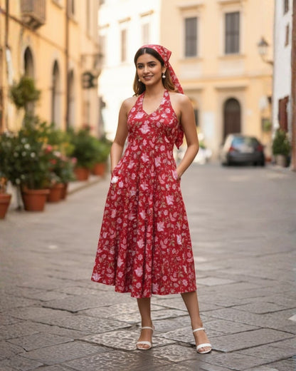 April Red Handblock Floral Print Cotton Midi Dress
