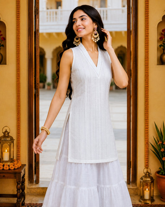 Chandni White Cotton Lurex Short Kurti