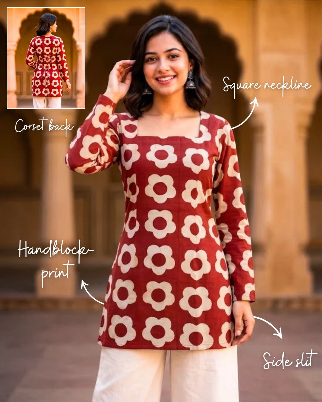 Zohra Red HandBlock Print Corset Back Short kurti