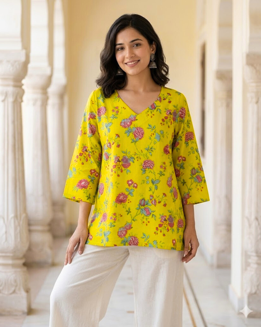 Ghazal Floral Print Cotton Short Kurti