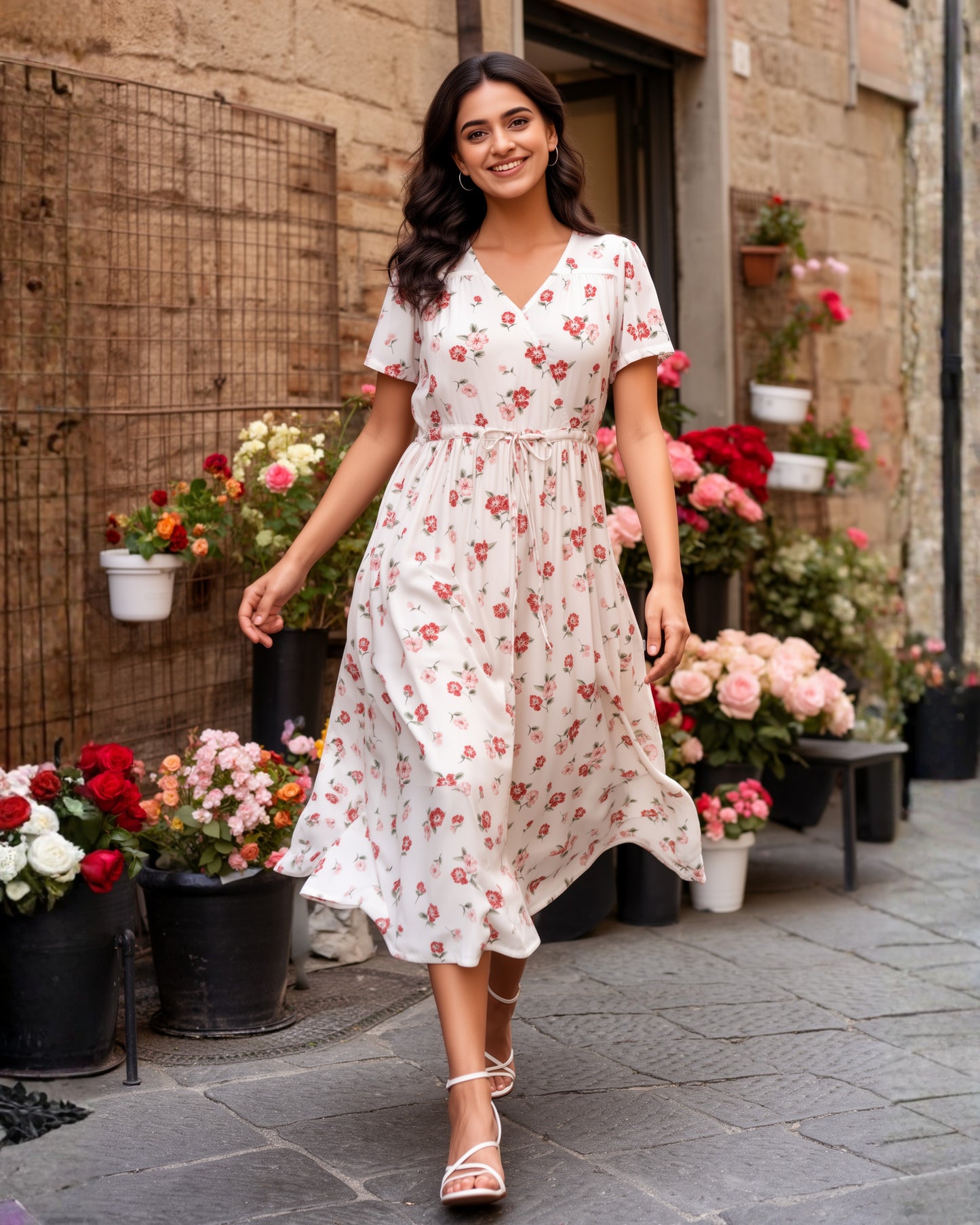 Rose White Fit and Flare Midi Dress