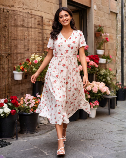 Rose White Fit and Flare Midi Dress