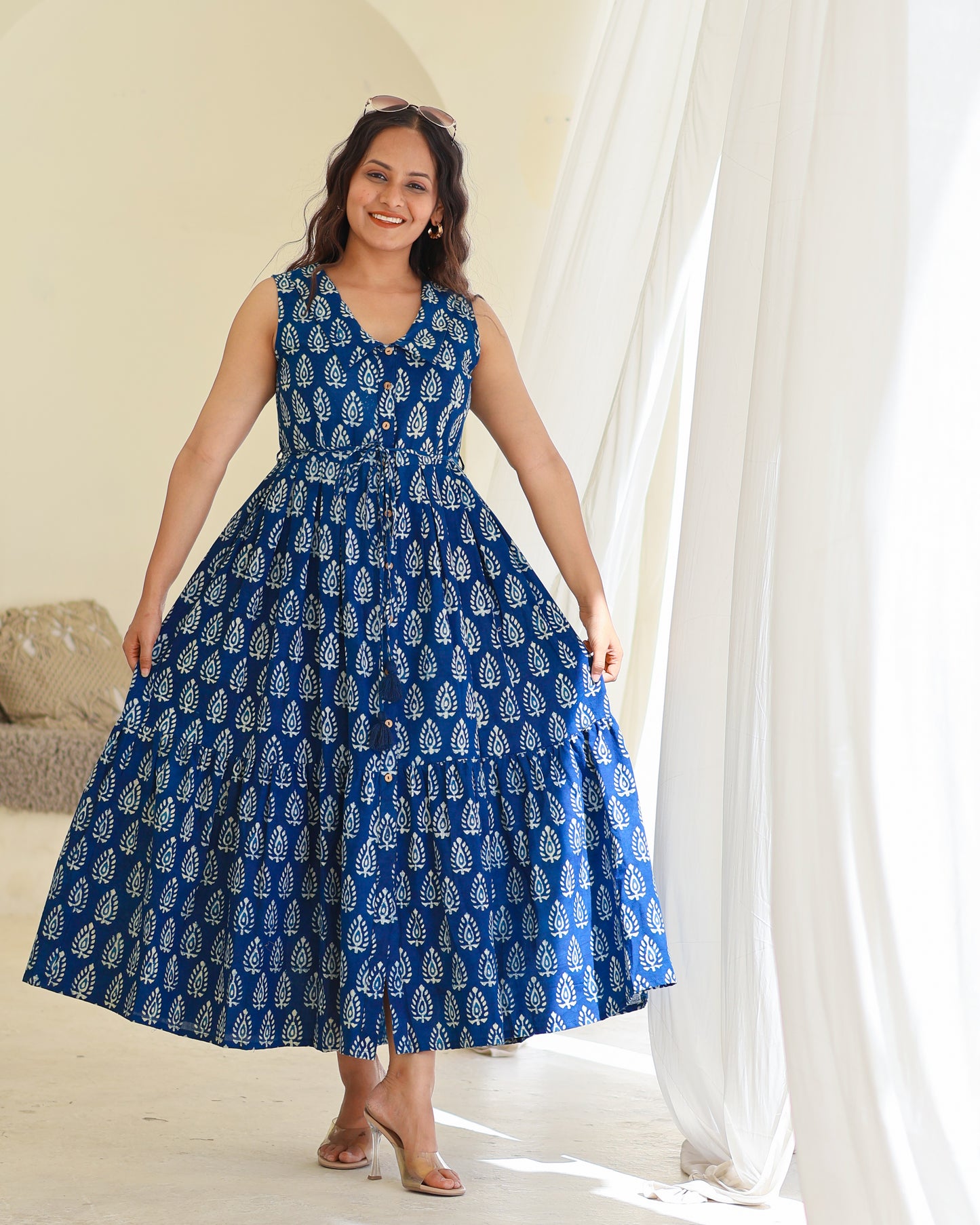 Zoey Indigo HandBlock Dabu Print Tiered Midi Dress