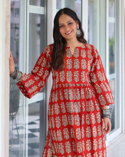 Piku Red HandBlock Bagru Print Cotton Kurta Set