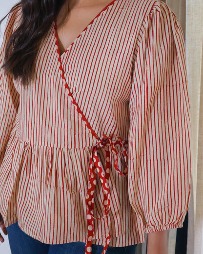 Sarah Striped HandBlock Print Wrap-style Cotton Top