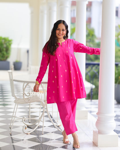 Rani Pink Cotton Lurex Short Kurta Set