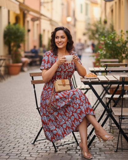 Shell Fit-and-Flare HandBlock Print Midi Dress