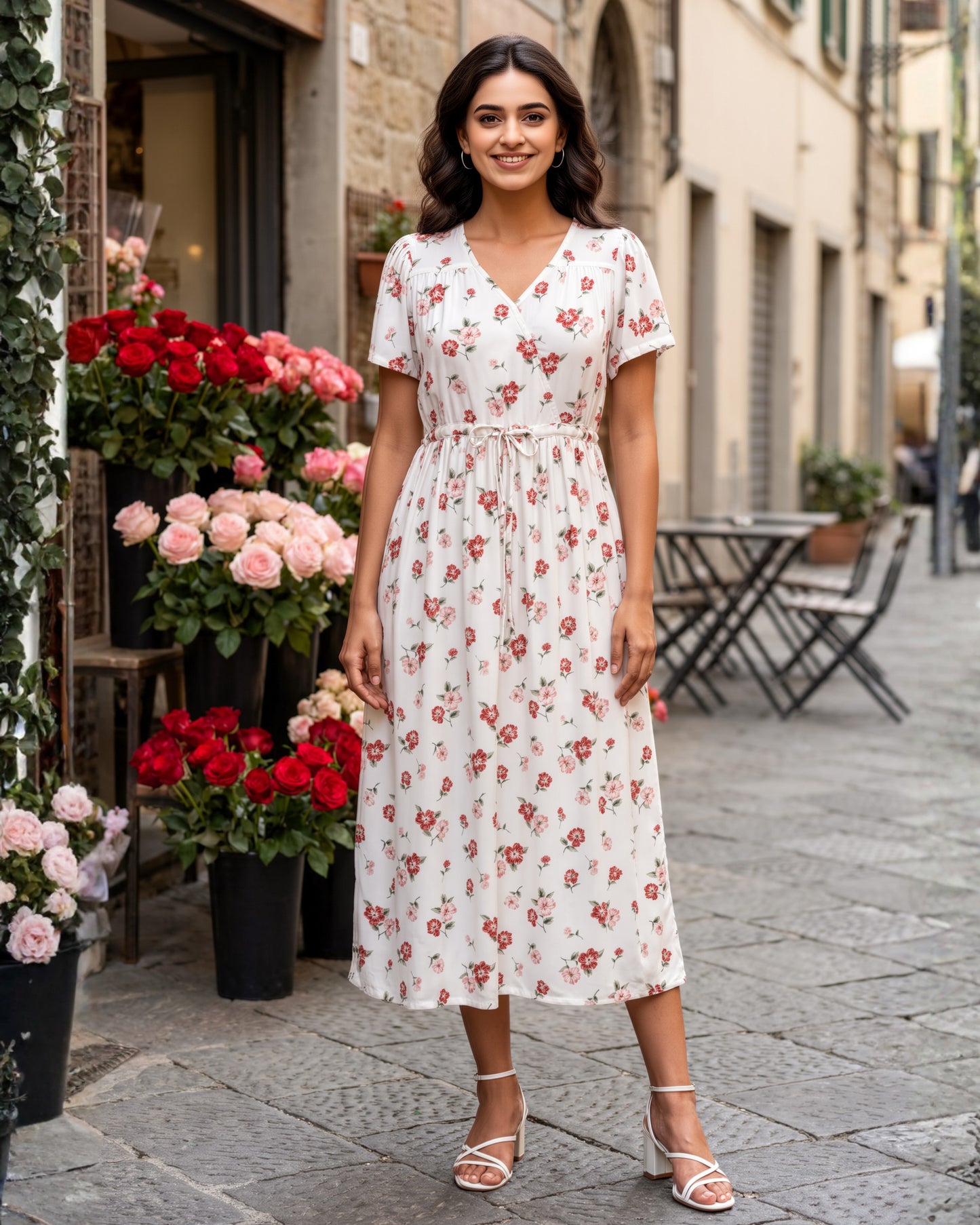 Rose White Fit and Flare Midi Dress