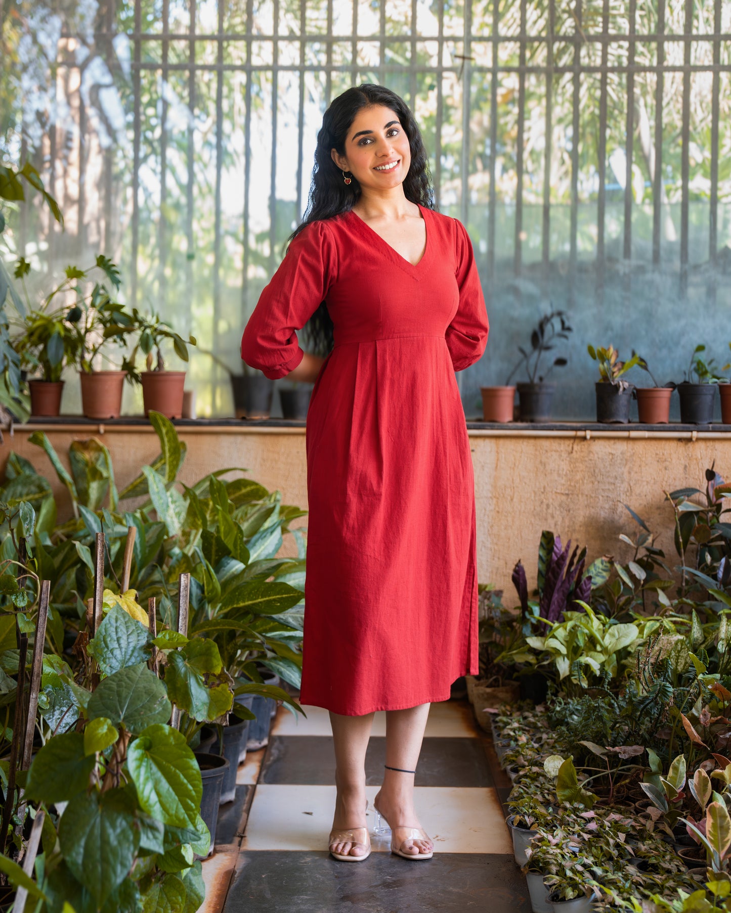 Emma Red Cotton Midi Dress