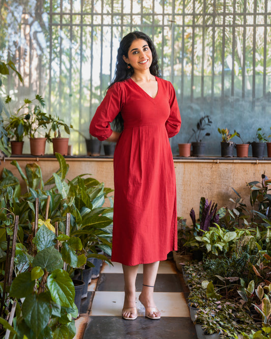 Emma Red Cotton Midi Dress