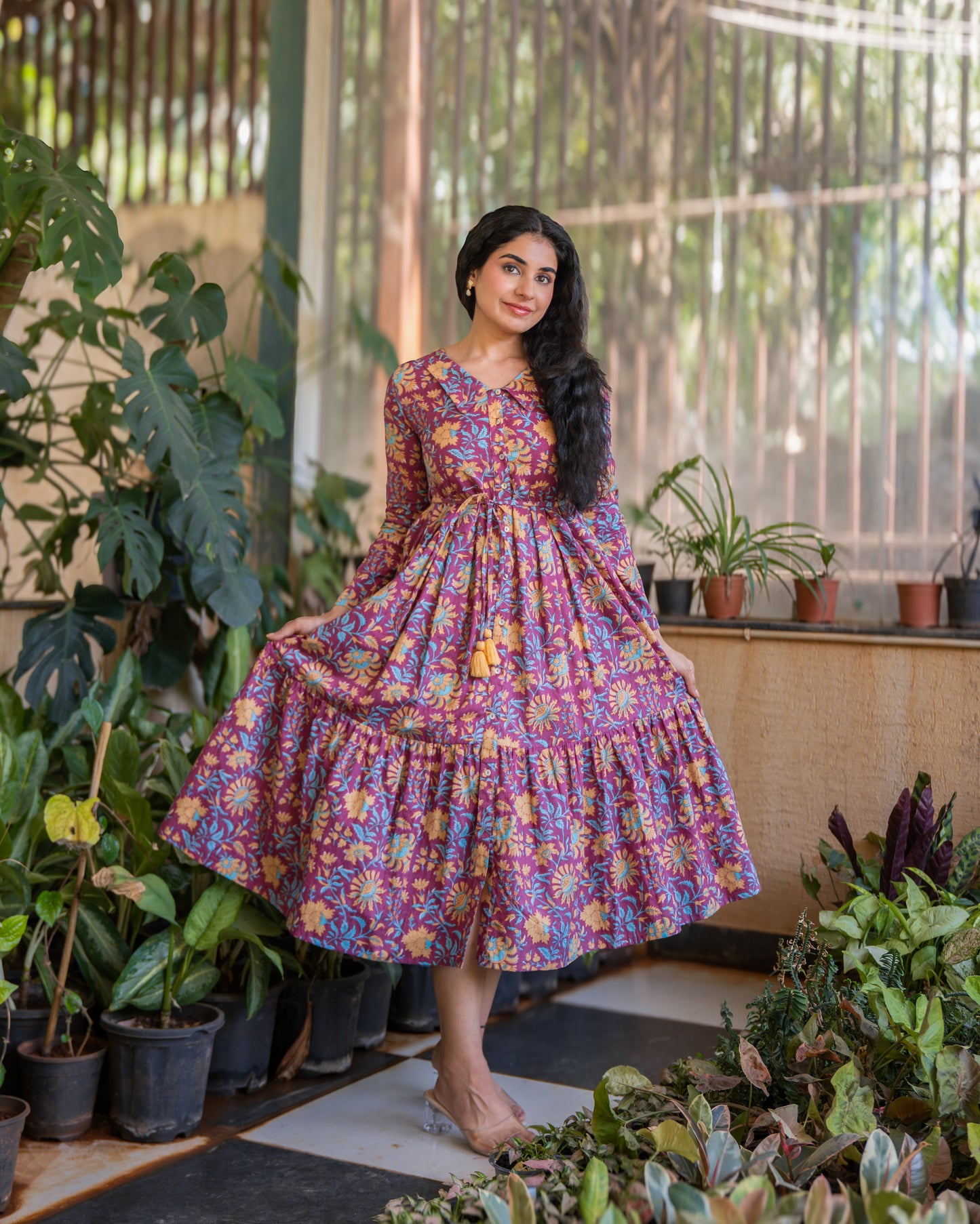 Nyra Purple Cotton Midi Dress