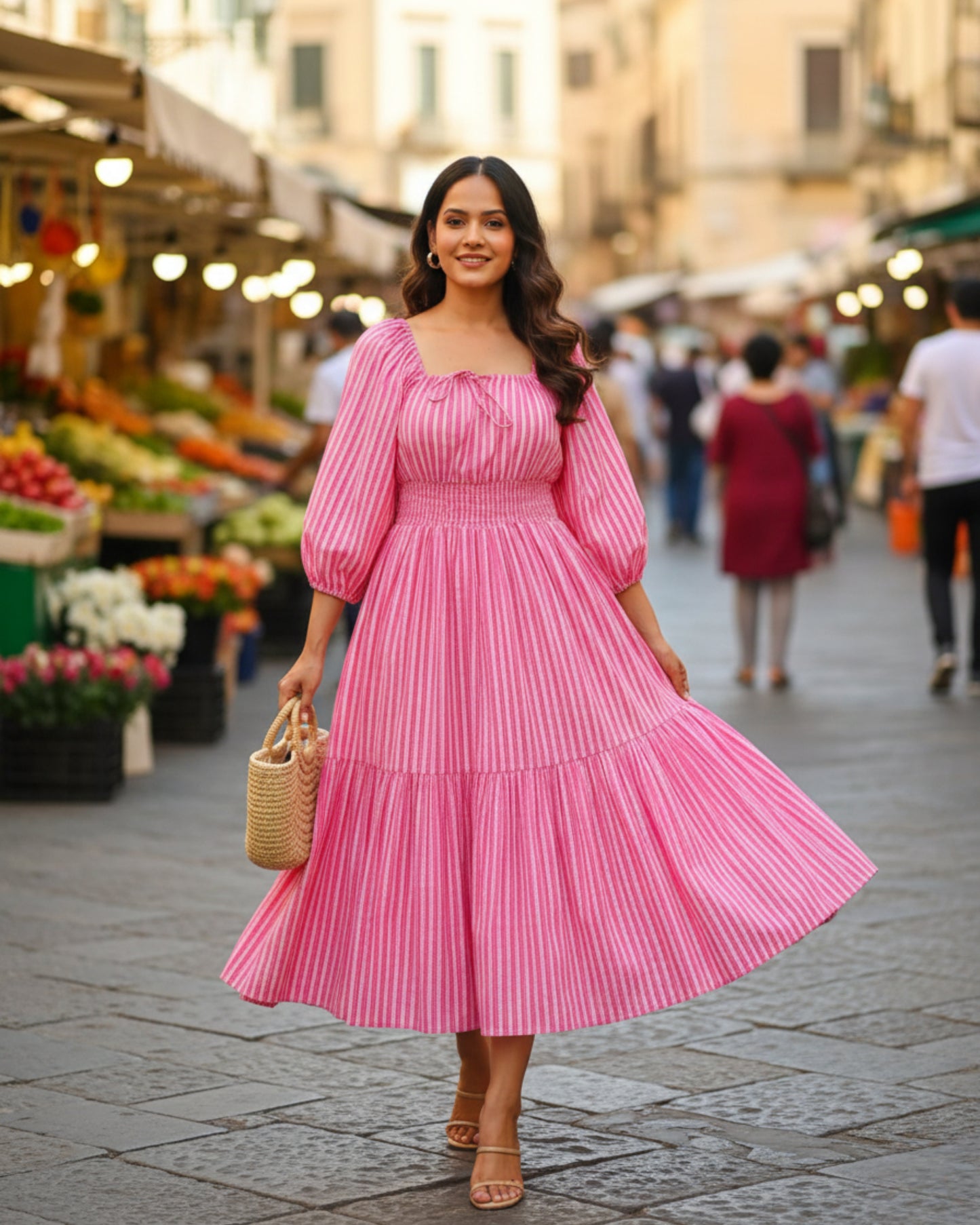 Sydney Pink Striped Cotton Tiered Midi Dress