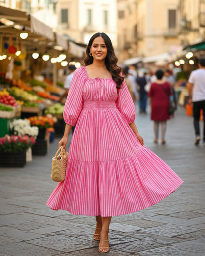 Sydney Pink Striped Cotton Tiered Midi Dress