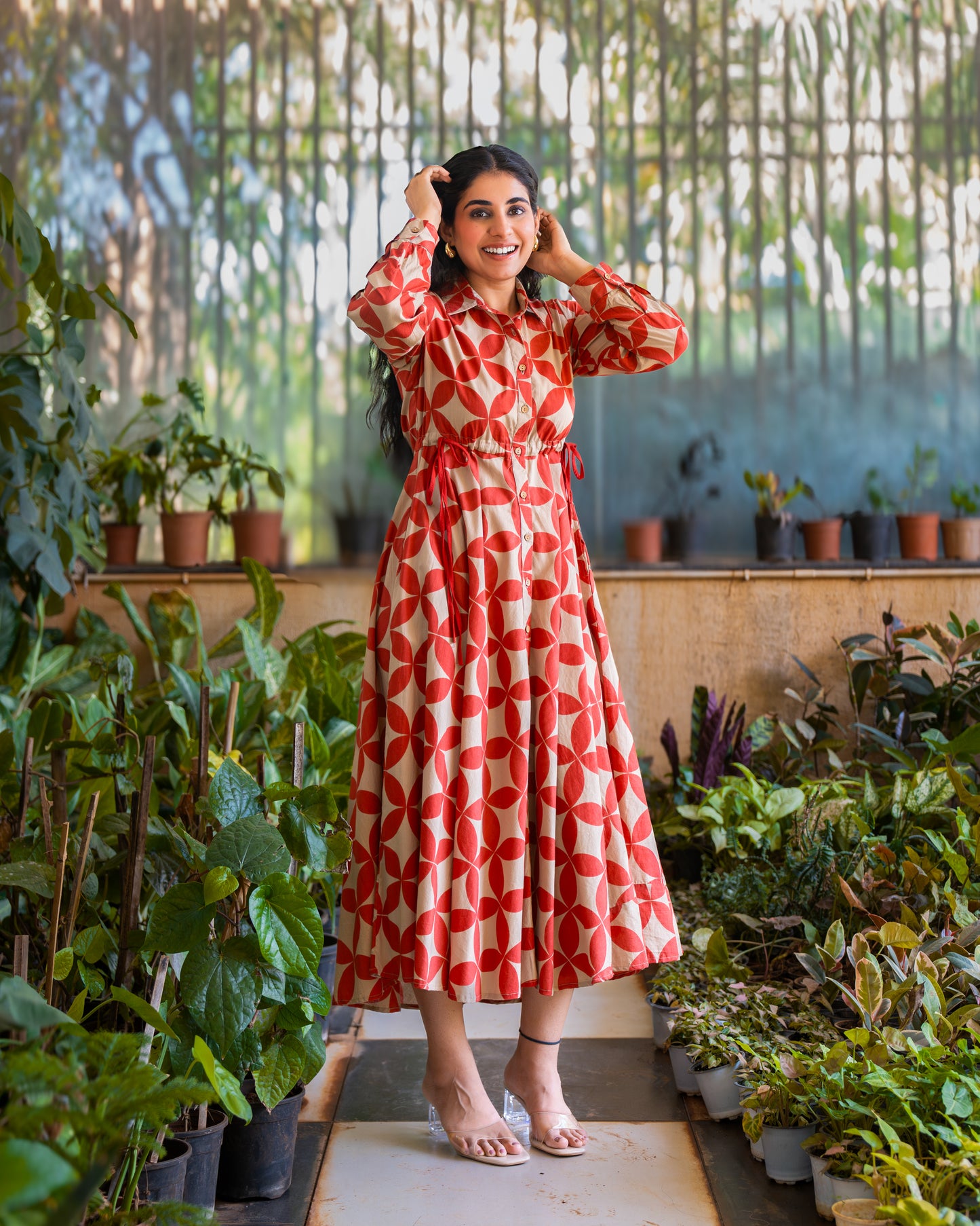 Blair Red Button-down Circular Midi Dress