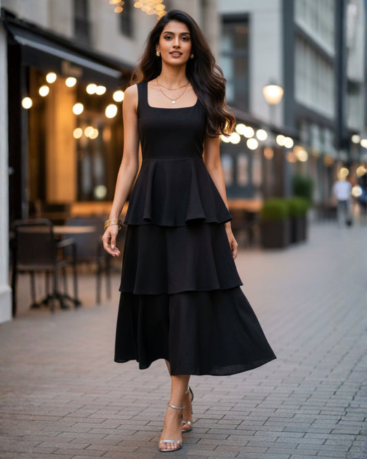 Nina Black Frilled Cotton Midi Dress