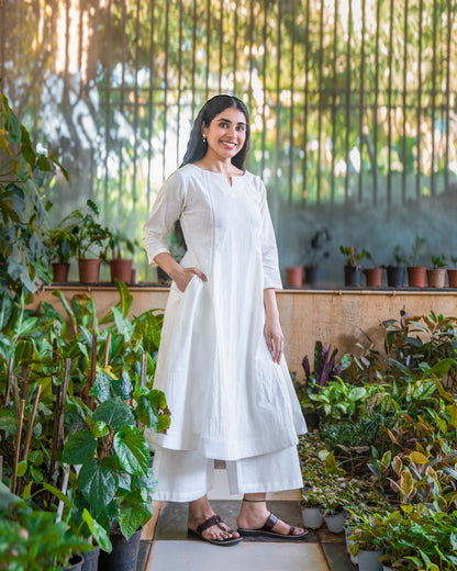 Saphed White Cotton A-line kurta
