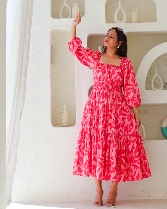 Jules Pink Cotton Tiered Midi Dress