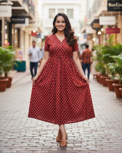 Tia Bagru HandBlock Print Cotton Midi Dress