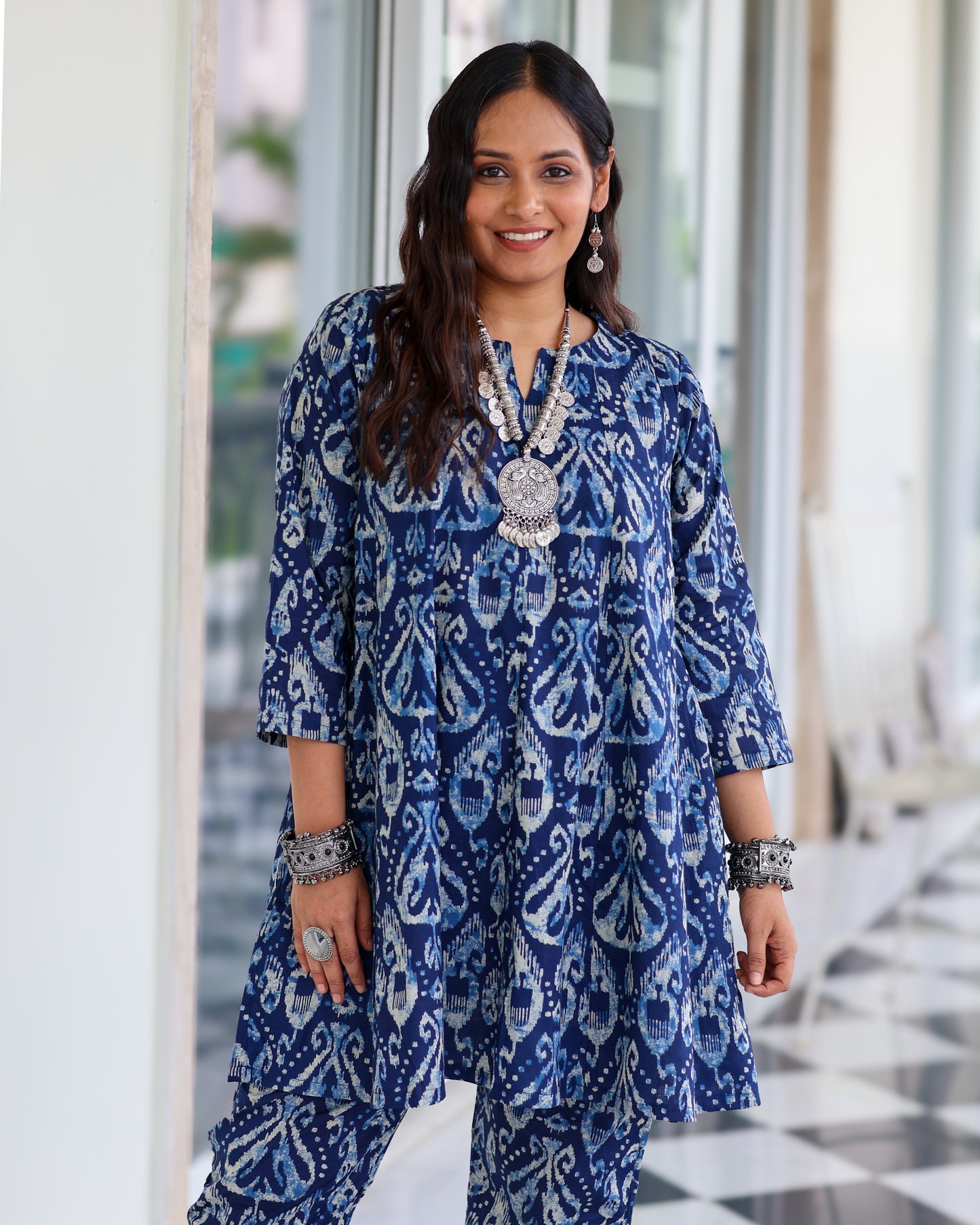 Kavya Blue Ikat Print Short Cotton Kurta Set