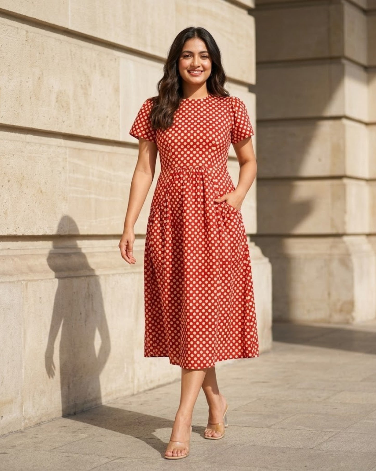 Sarah Red Polka Bagru HandBlock Print Midi Dress
