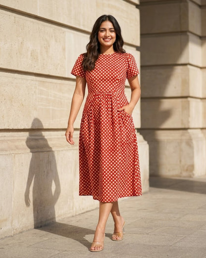 Sarah Red Polka Bagru HandBlock Print Midi Dress