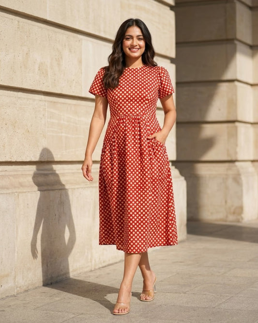 Sarah Red Polka Bagru HandBlock Print Midi Dress