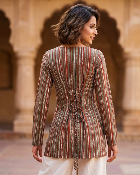 Ziva Striped HandBlock Printed Corset Back Kurti