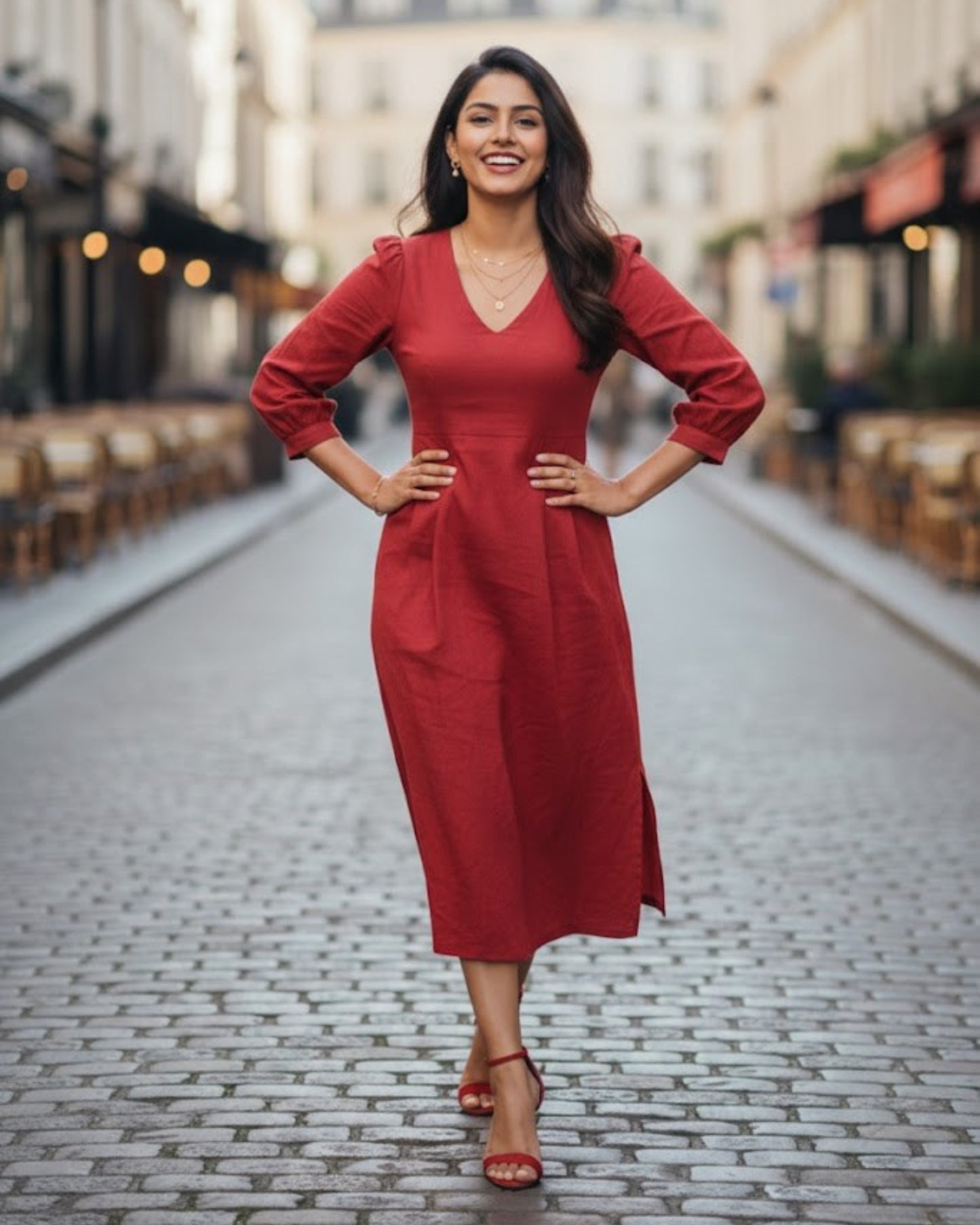 Emma Red Cotton Midi Dress