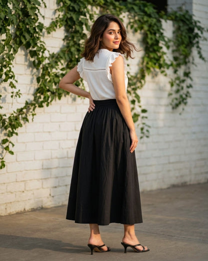 Black Cotton High-Waist Skirt