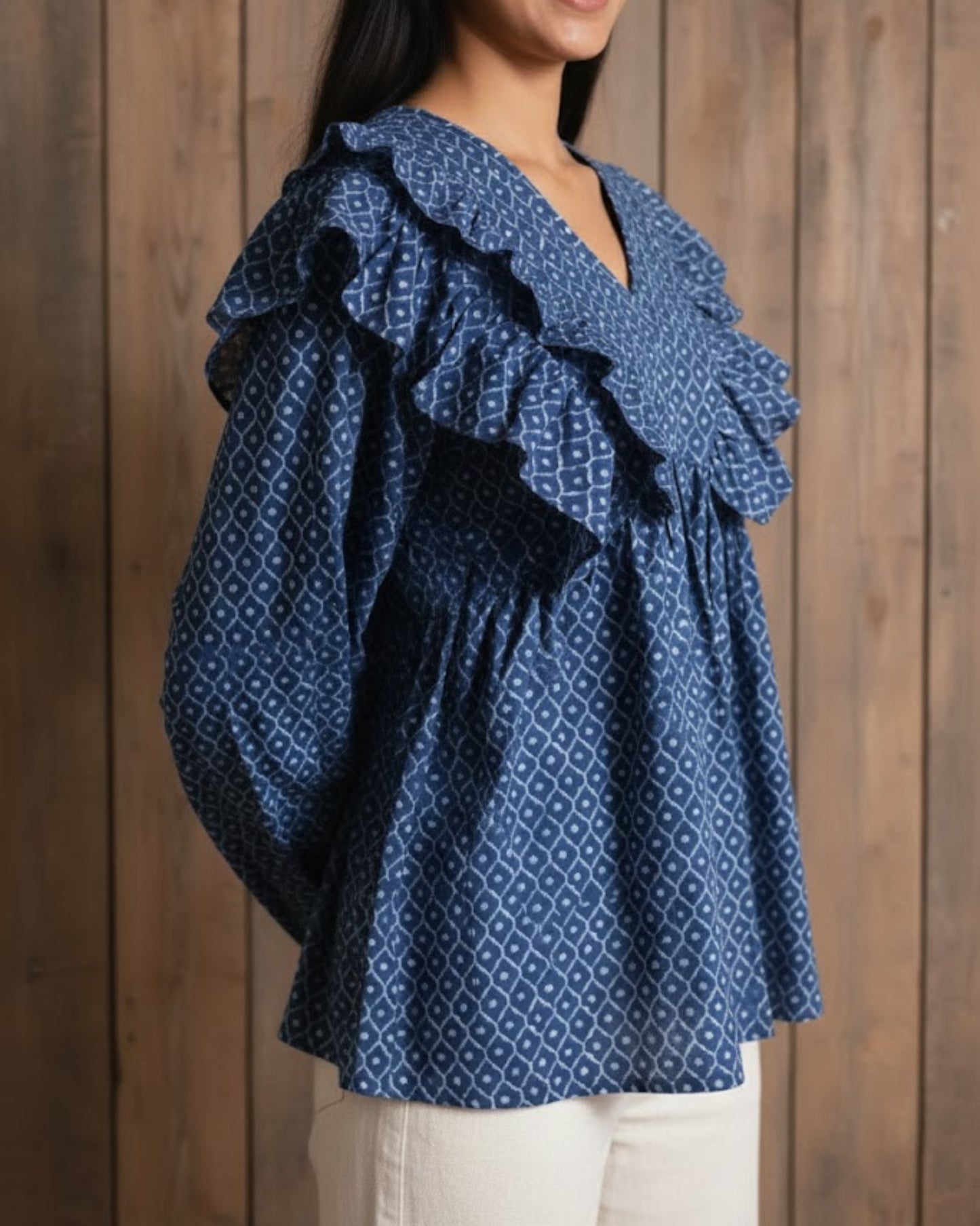 Raha Blue frilled Cotton Top
