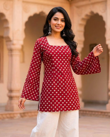 Tia Red HandBlock Print Sleeved Short Kurti