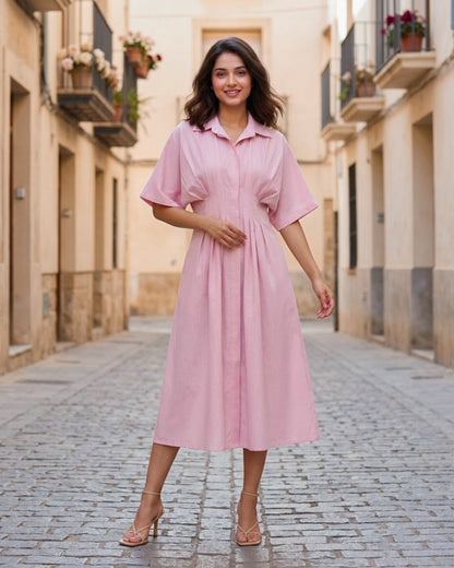 Zara Pink Pleated Pure Cotton Midi Dress