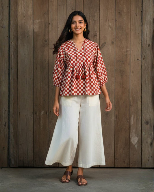 Lumi Checkered Handblock printed Cotton Top