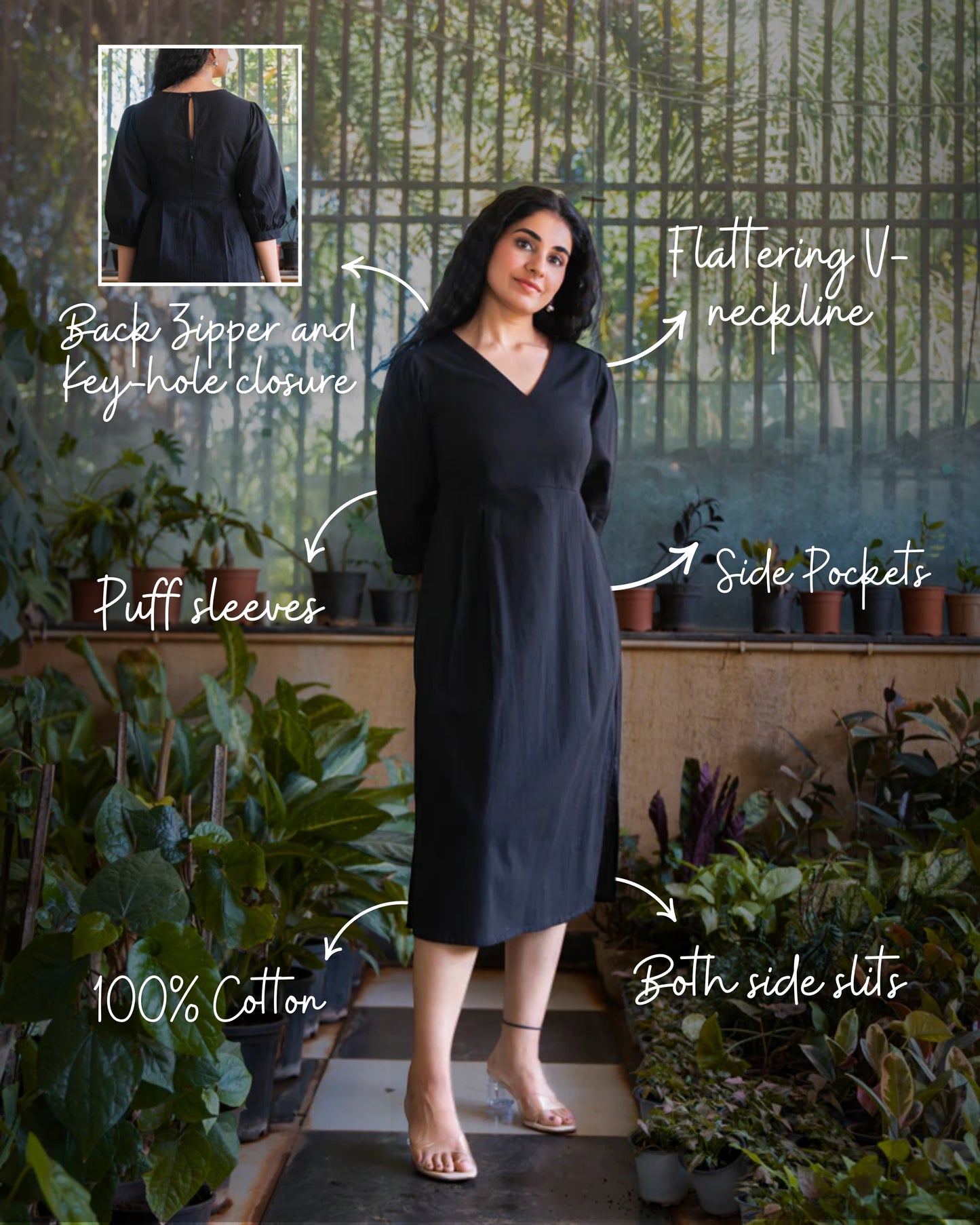 Marina Black Cotton Midi Dress