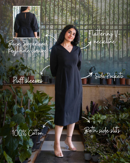 Marina Black Cotton Midi Dress