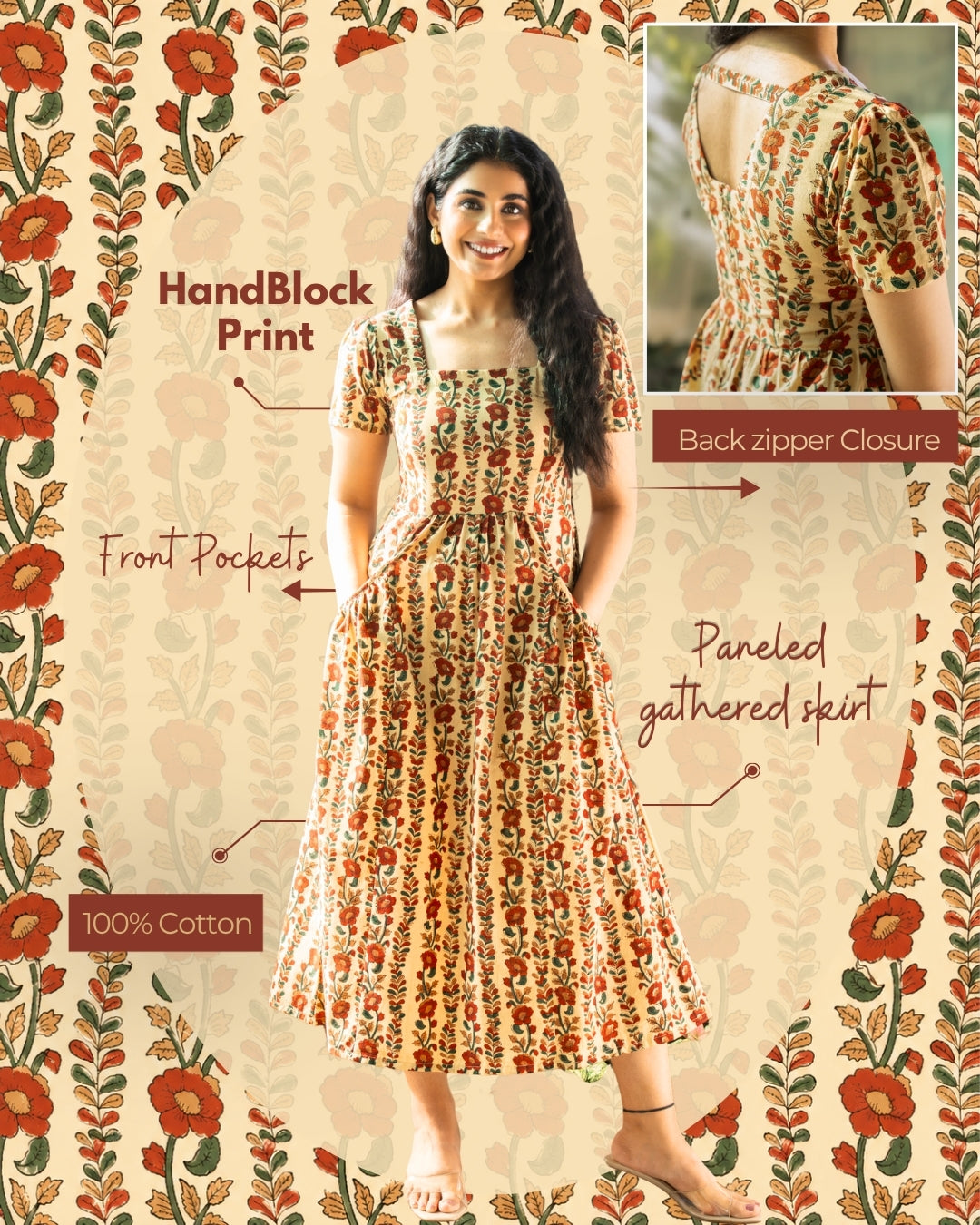 Ahana Fit-and-Flare HandBlock Print Midi Dress