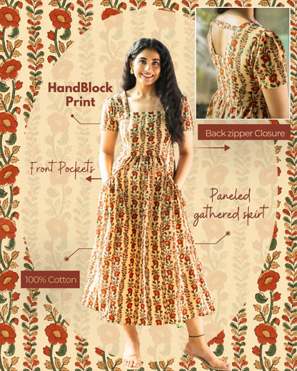 Ahana Fit-and-Flare HandBlock Print Midi Dress