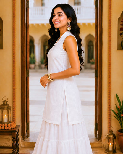 Chandni White Cotton Lurex Short Kurti